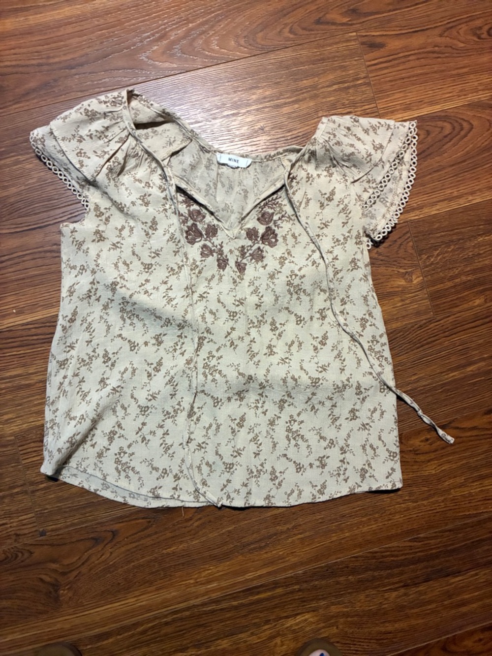 mine Cream Blouse with Brown Floral Print and Tie Neck